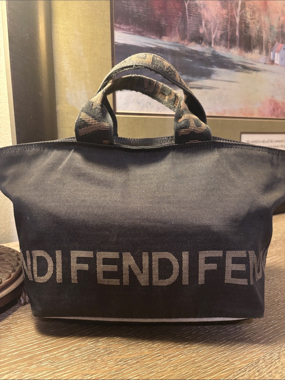 Fendi Black Canvas Logo Mini Tote with FF Handles